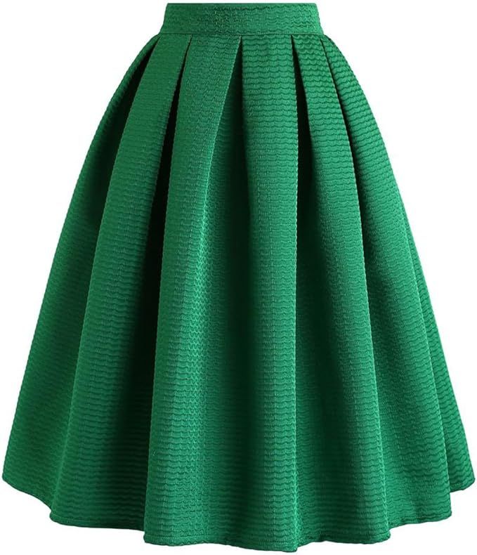 CHICWISH Women's Pleated Green Midi Skirt High Waist A Line Flared Mini Skirts Casual Cute Knee L... | Amazon (US)
