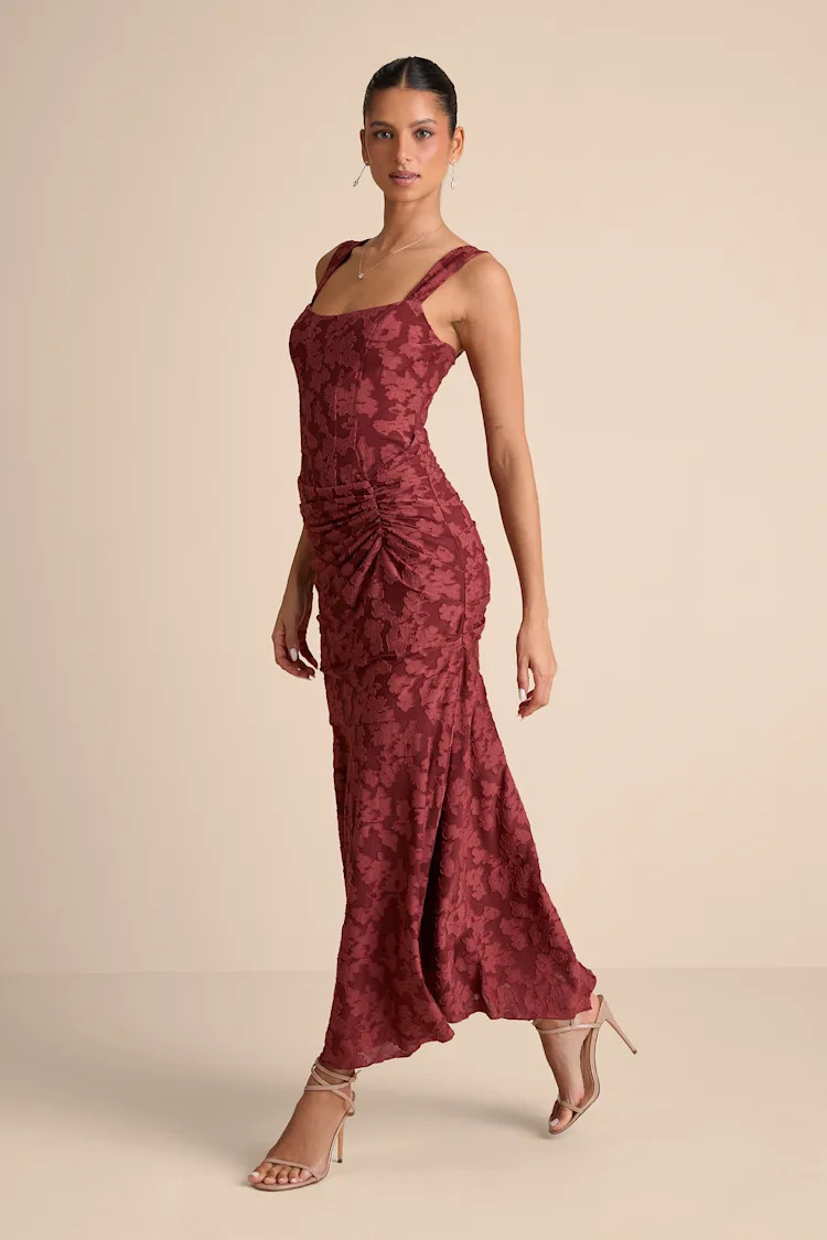 Rust Red Floral Burnout Dress - Corset Dress - Bridesmaid Dress - Lulus | Lulus