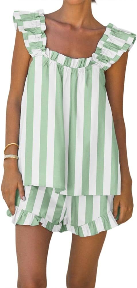 Aopwsrlyi Women's Summer Pajama Set Cute Ruffle Trim Cami Tank Top and Casual Shorts Set 2 Piece ... | Amazon (US)