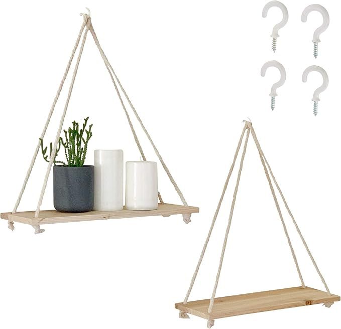 Hanging Shelves for Wall [Set of 2 w/ Hooks] Wooden Shelf Macrame Rope, Natural Light Reclaimed W... | Amazon (US)