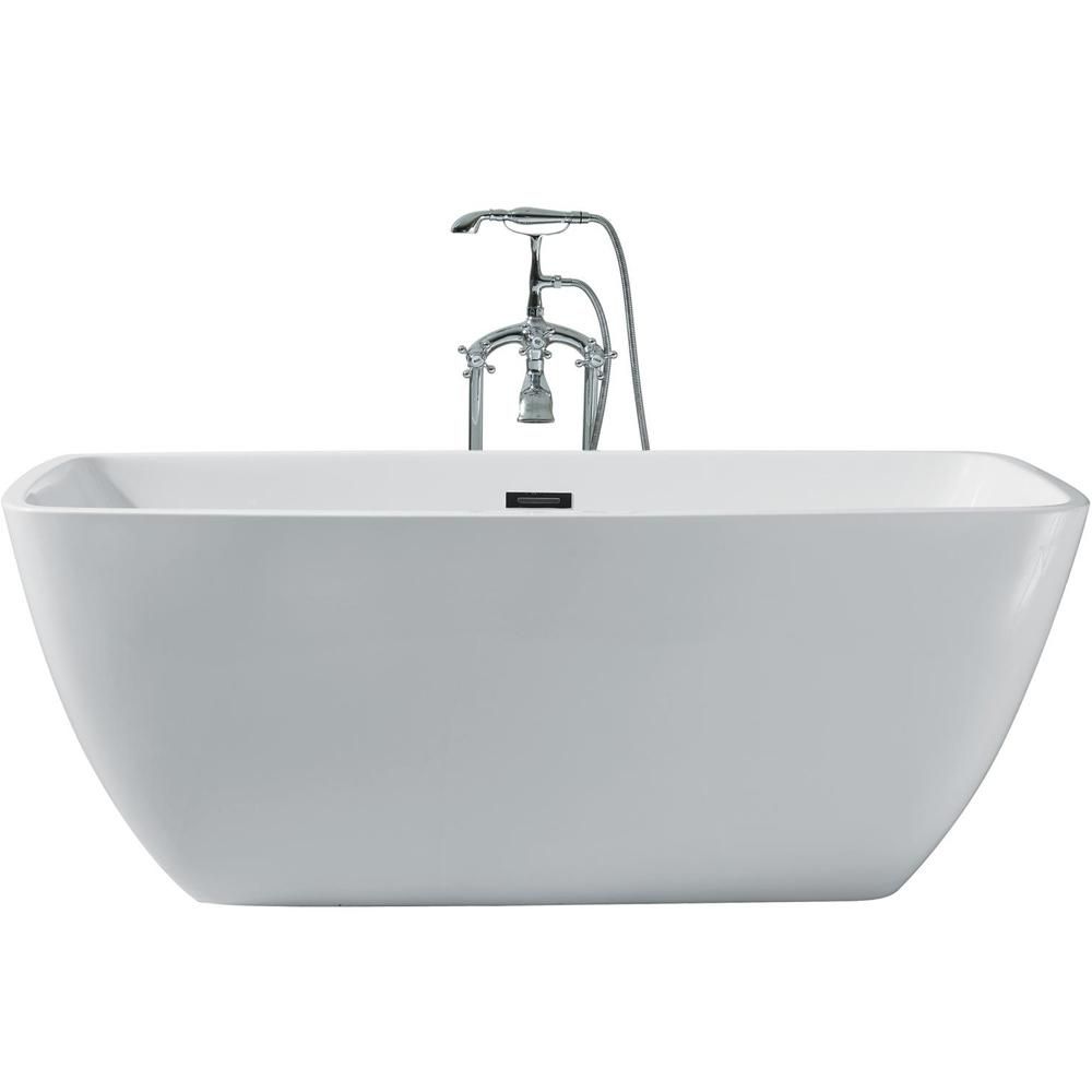 63 in. Acrylic Center Drain Rectangle Flat Bottom Freestanding Bathtub in White | The Home Depot