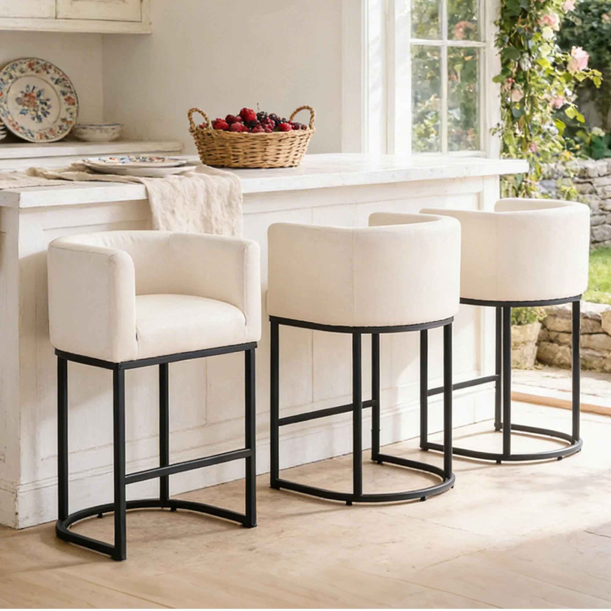 FANCROU 26" H Counter Height Bar Stools Set of 3, Fabric Barrel Stools with Back and Arms, Beige-... | Walmart (US)