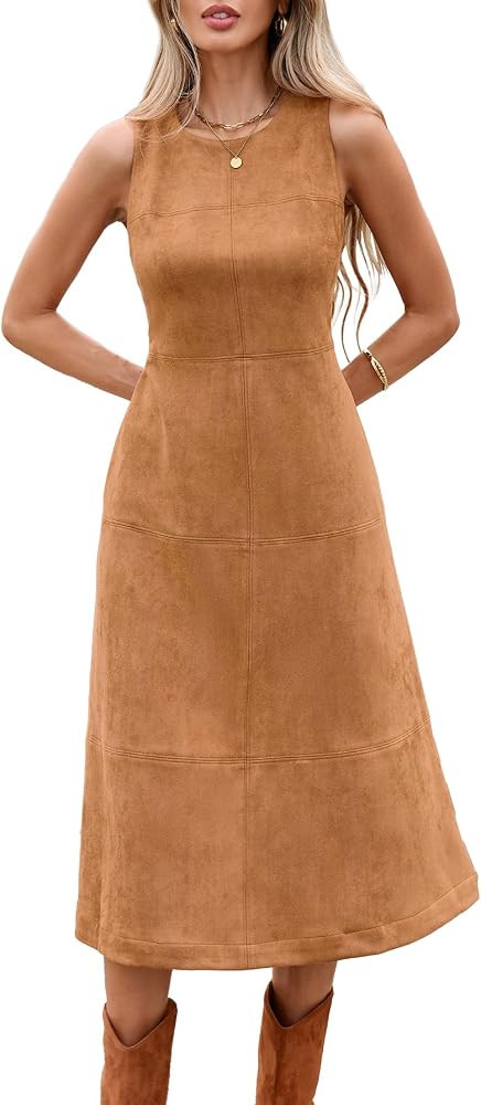 Faux Suede Dresses for Women Sleeveless Back Zipper Midi Sheath Dresses | Amazon (US)
