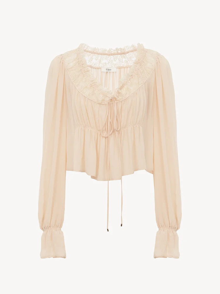 Scoop-neck cropped top in silk georgette & lace | Chloe US