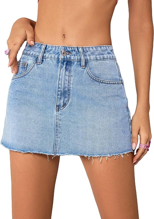 Cozyease Women's Single Button Front Raw Hem Plain Denim Mini Skirt with Pockets | Amazon (US)