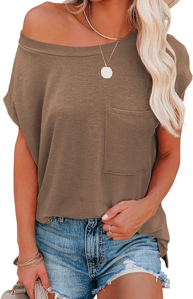 AlvaQ Womens Summer Crewneck Cap Sleeve Shirts Tops Loose Casual T Shirt Blouses S-XXL | Amazon (US)