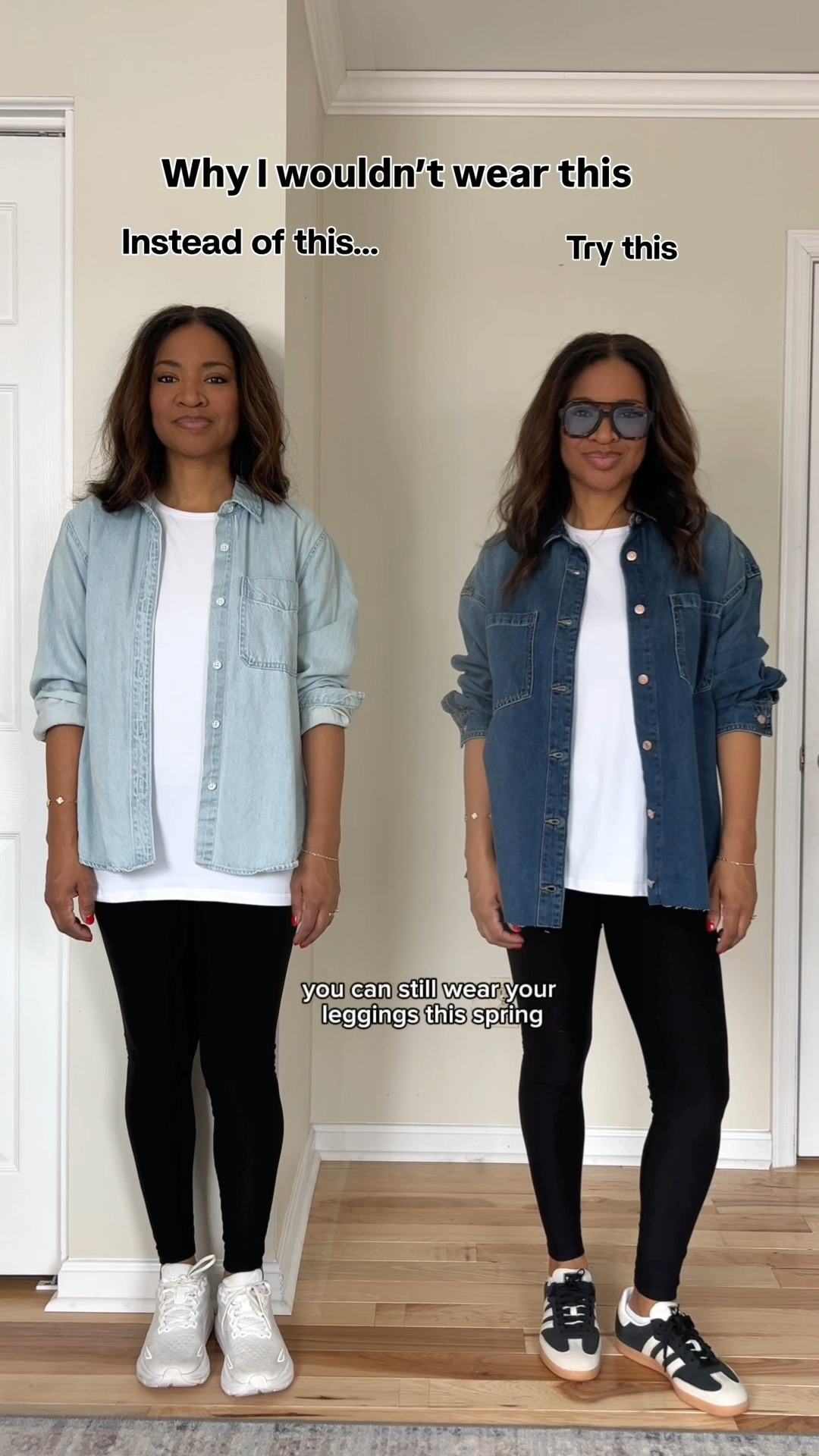 Wearing a small in the darker denim top, the Walmart one is almost exactly identical. Also linking similar ones just in case. Wearing a medium in the white t shirt. Wearing a small in the leggings. Adidas shoes (second pair) run big so size down 1/2 a size  



#ltkootd #ltkover40 #ltkgrwm