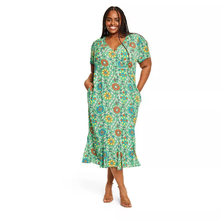 Women's Zinnia Floral Print Short Sleeve Midi Dress - RHODE x Target Green/Red/Yellow | Target