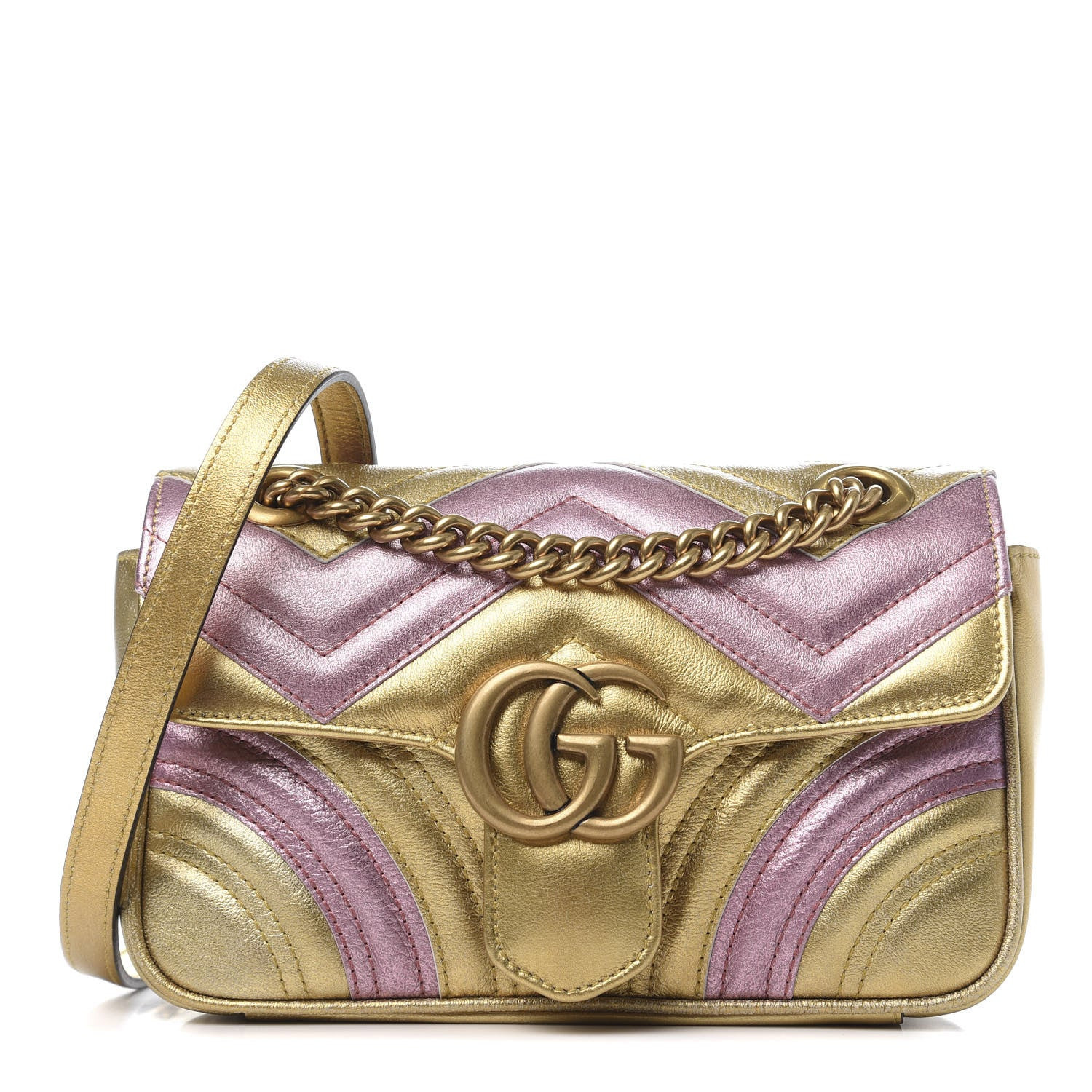 Metallic Calfskin Matelasse Mini GG Marmont Shoulder Bag Gold Pink | FASHIONPHILE (US)