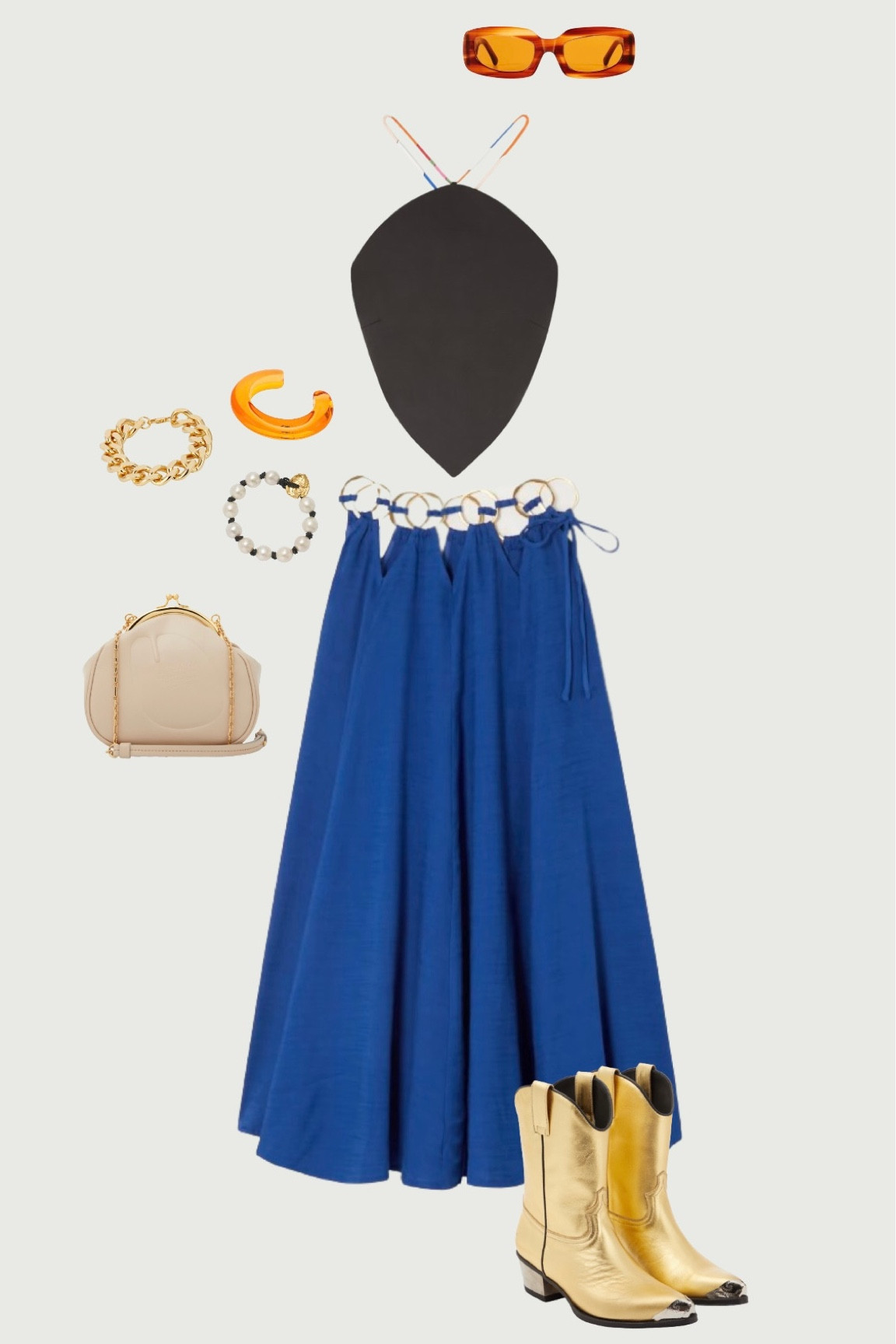 Coachella outfit idea #3! Low waist skirt with a scarf style halter neck top. Lots of gold, orange and black accessories! 
#competition

#LTKstyletip #LTKFind