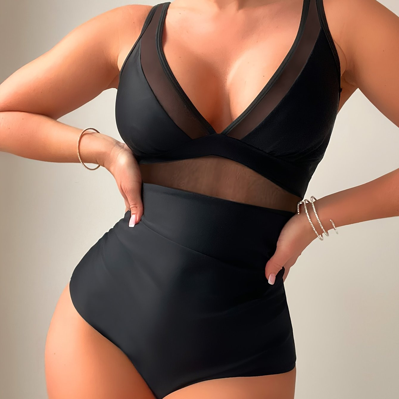 solid color mesh contrast v neck   swimsuit high - Temu | Temu Affiliate Program