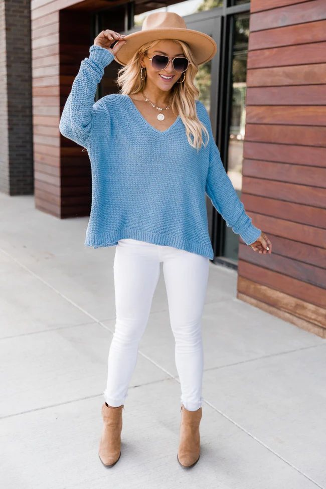 Can You Imagine Blue V-Neck Textured Sweater | The Pink Lily Boutique