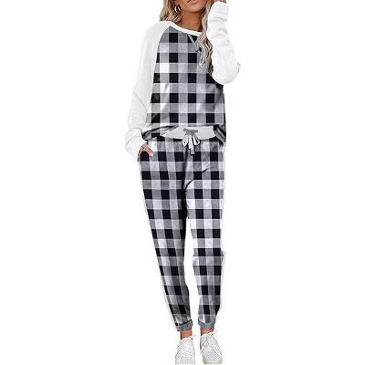 Ekouaer Women's Pajama Set Long Sleeve PJs 2 Piece Lounge Set Pullover Sleepwear Sweatshirt and Long Pants With Pockets Black White Plaid XL | Target
