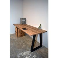 Reclaimed Wood Office Desk With Black Trapezium Legs, Customisable | Etsy (UK)