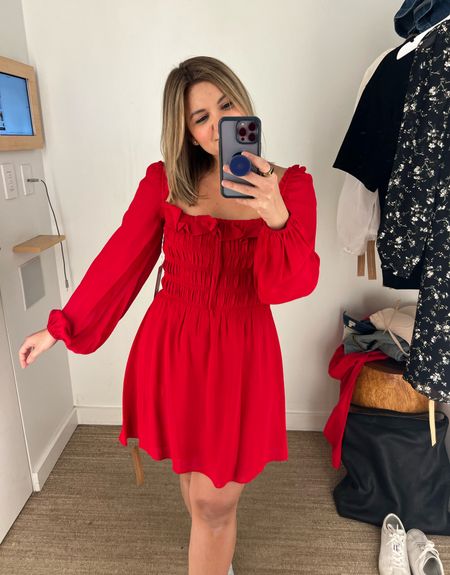 The cutest long sleeve dress that comes in multiple colors! I tried on a size 4 but I think my usual 2 would have been fine too because the bodice has smocking.