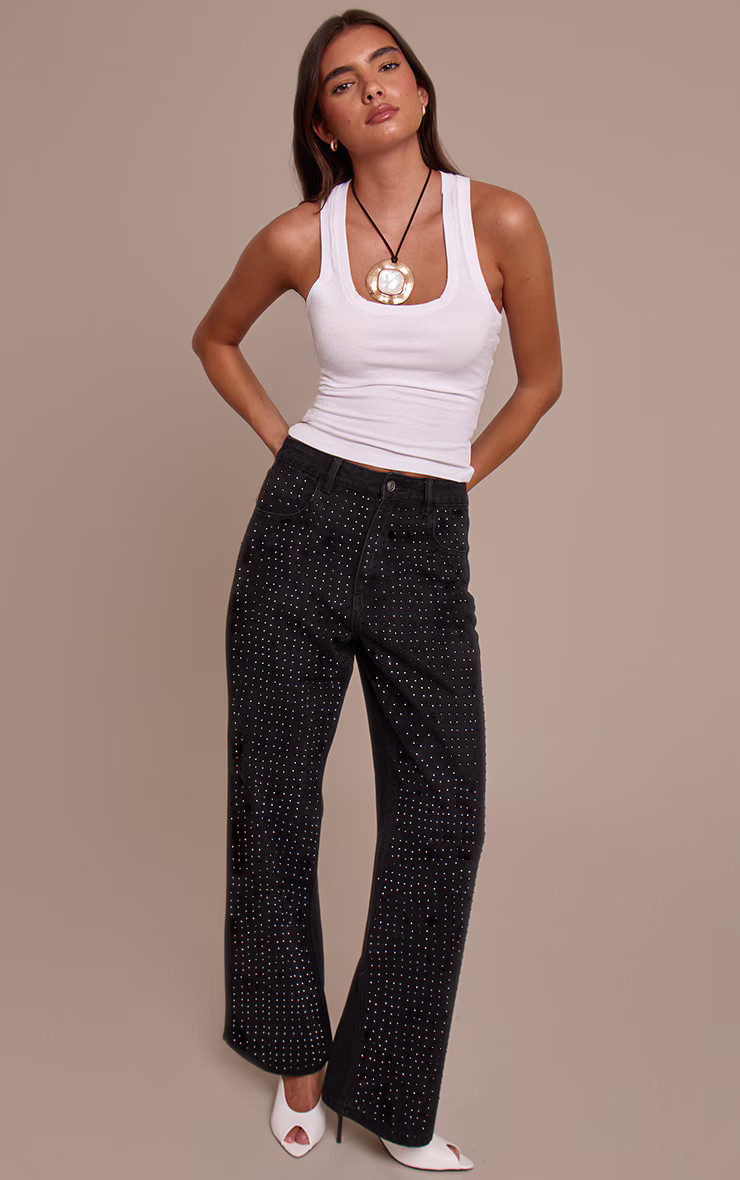 Black High Waist Hotfix Straight Leg Denim Jeans | PrettyLittleThing UK