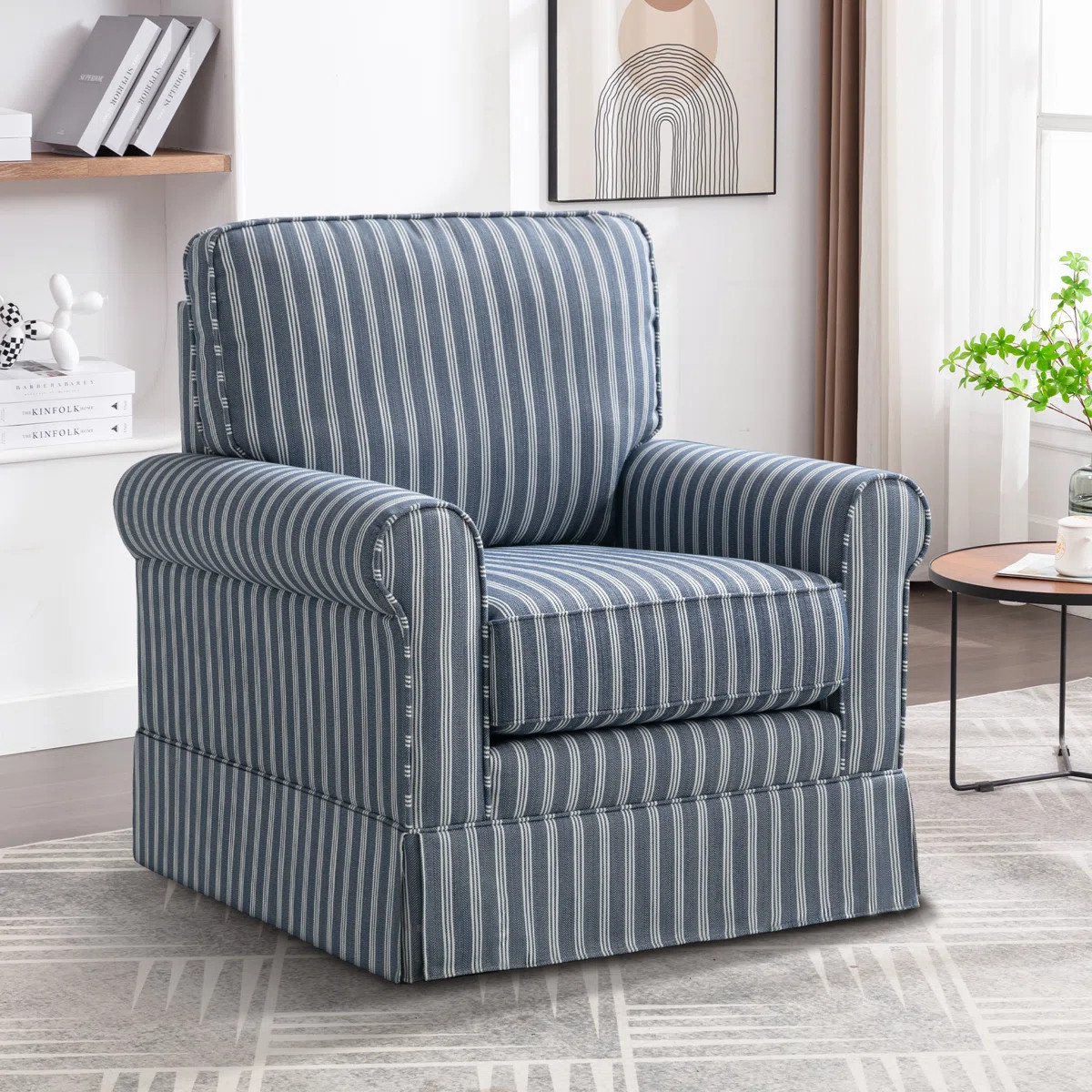 Hedwige 33" W Modern Soft Wide Upholstered Striped Swivel Arm Accent Chair | Wayfair North America