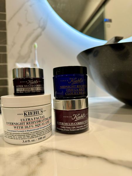 My go to skin care products at the moment. I use the Kiehl’s super multi-corrective moisturizer and eye cream in the AM. And Kiehl’s Midnight Recovery cloud cream in the PM. I use Kiehl’s Ultra Facial Overnight Rehydrating Cream a few times per week at night. 

#LTKBeauty