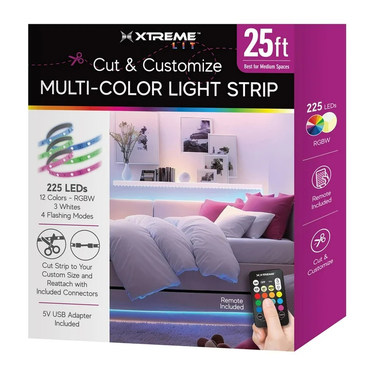Xtreme Lit 25ft Cut & Customize Indoor LED Light Strip Kit, Includes 2 Connectors, 225 LEDs, 4 Mo... | Walmart (US)