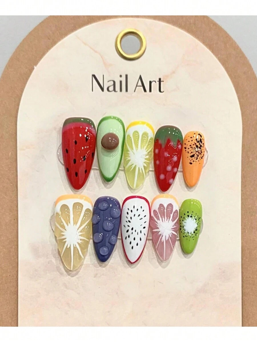 10pcs Fruits Pattern Long Artificial Nails Never Splitting Comfort Fake Nails For Women And Girl ... | SHEIN