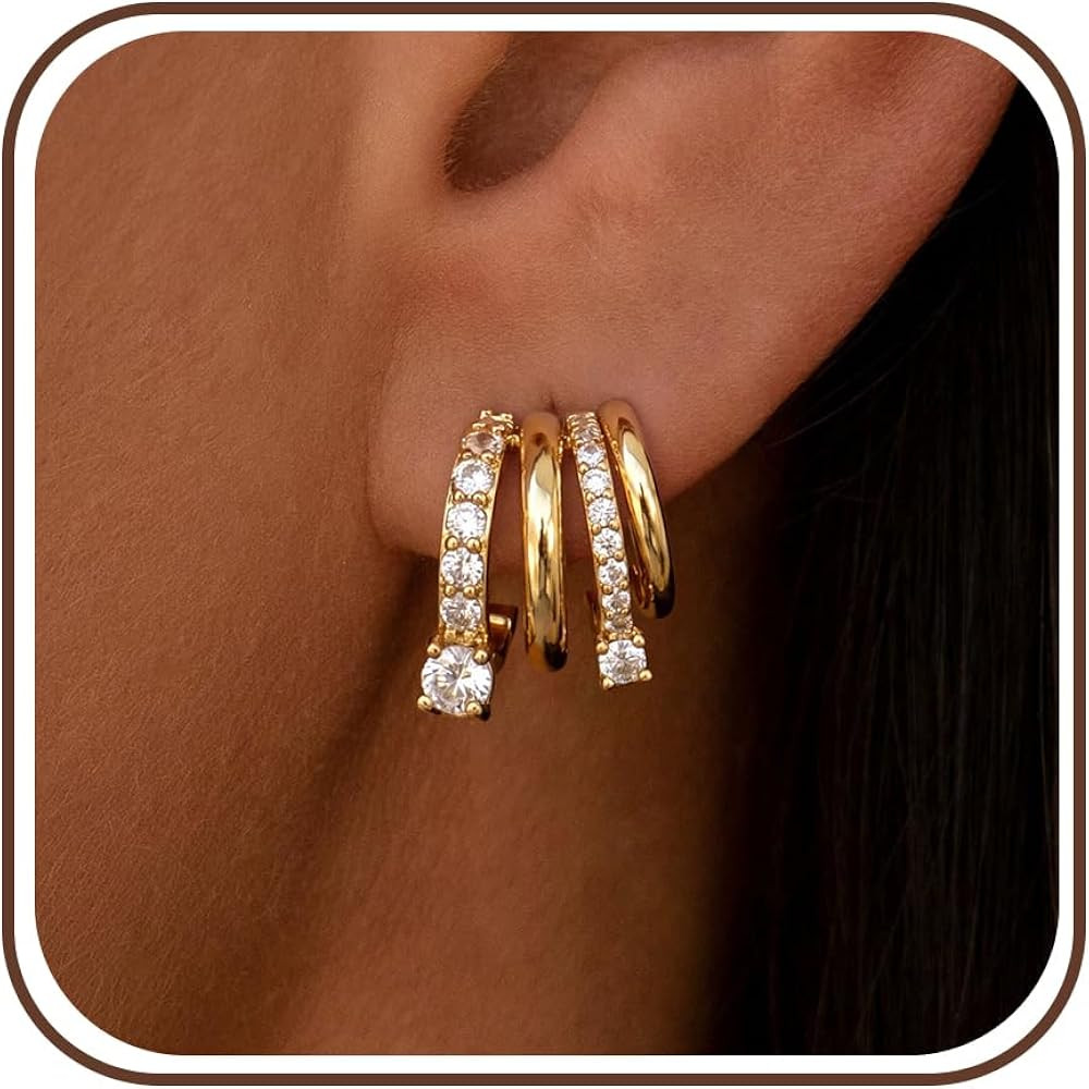 Dangle Gold Earrings for Women Trendy Triple Huggie Chain Earrings | Amazon (US)