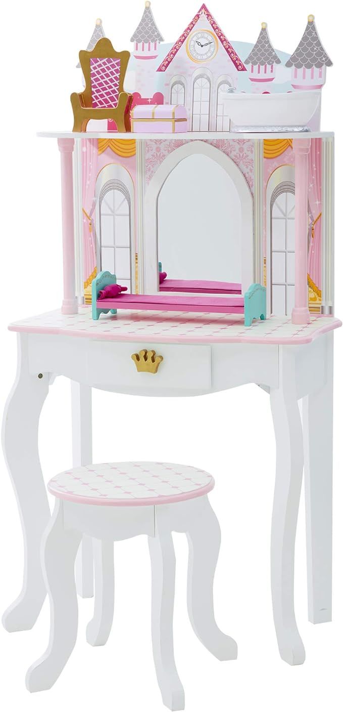 Teamson Kids Pretend Play Kids Vanity Table and Chair Vanity Set with Mirror Makeup Dressing Tabl... | Amazon (US)