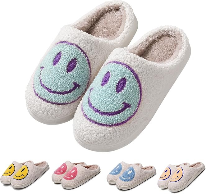 FACAXEDRE Smile Face Slippers for Women - Indoor Outdoor Retro Happy House Slides, Soft Fluffy Cu... | Amazon (US)