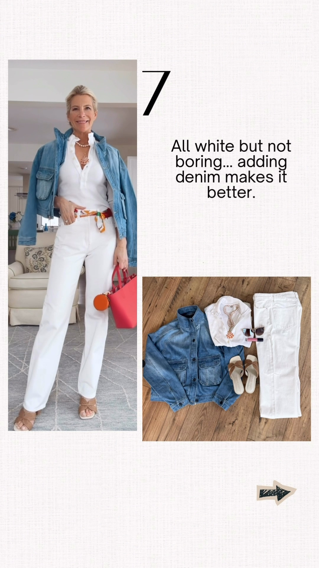 How to add contrast to a white outfit with denim.

#LTKootd #LTKTravel #LTKOver40