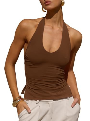 Tankaneo Womens Sexy Scoop Neck Halter Tops Backless Ruched Knit Tank Tops Summer Sleeveless Fitted Going Out Shirts Brown | Amazon (US)