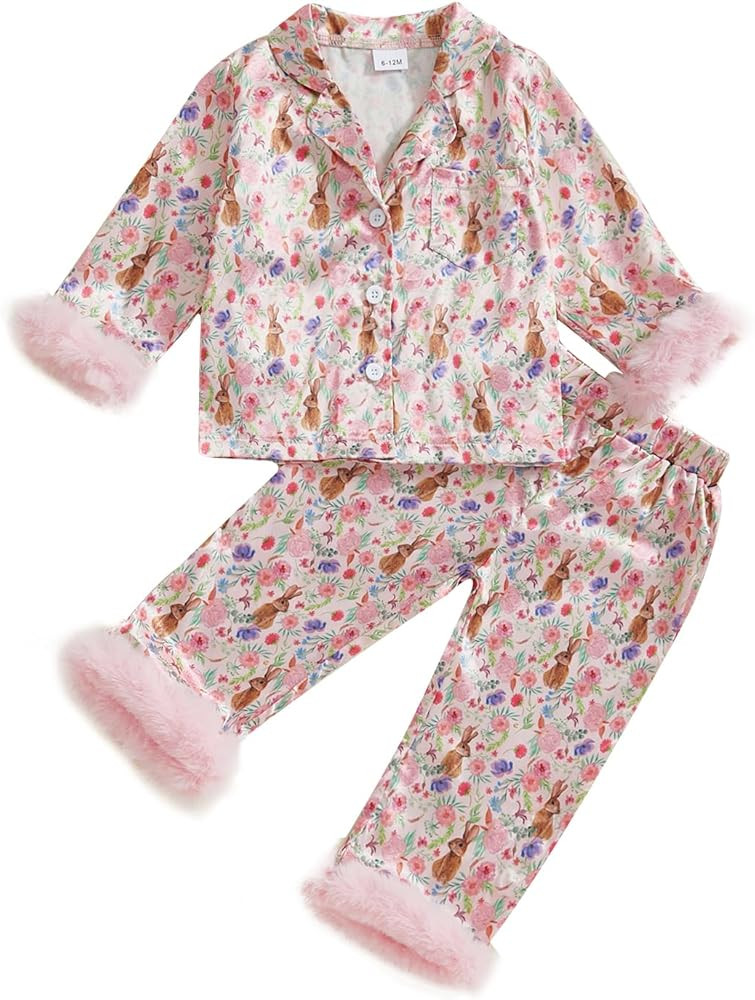 Kids Toddler Girl Easter Pajamas Bunny&Bow Button Down Fuzzy Shirts Pants Little Girls Easter Sat... | Amazon (US)