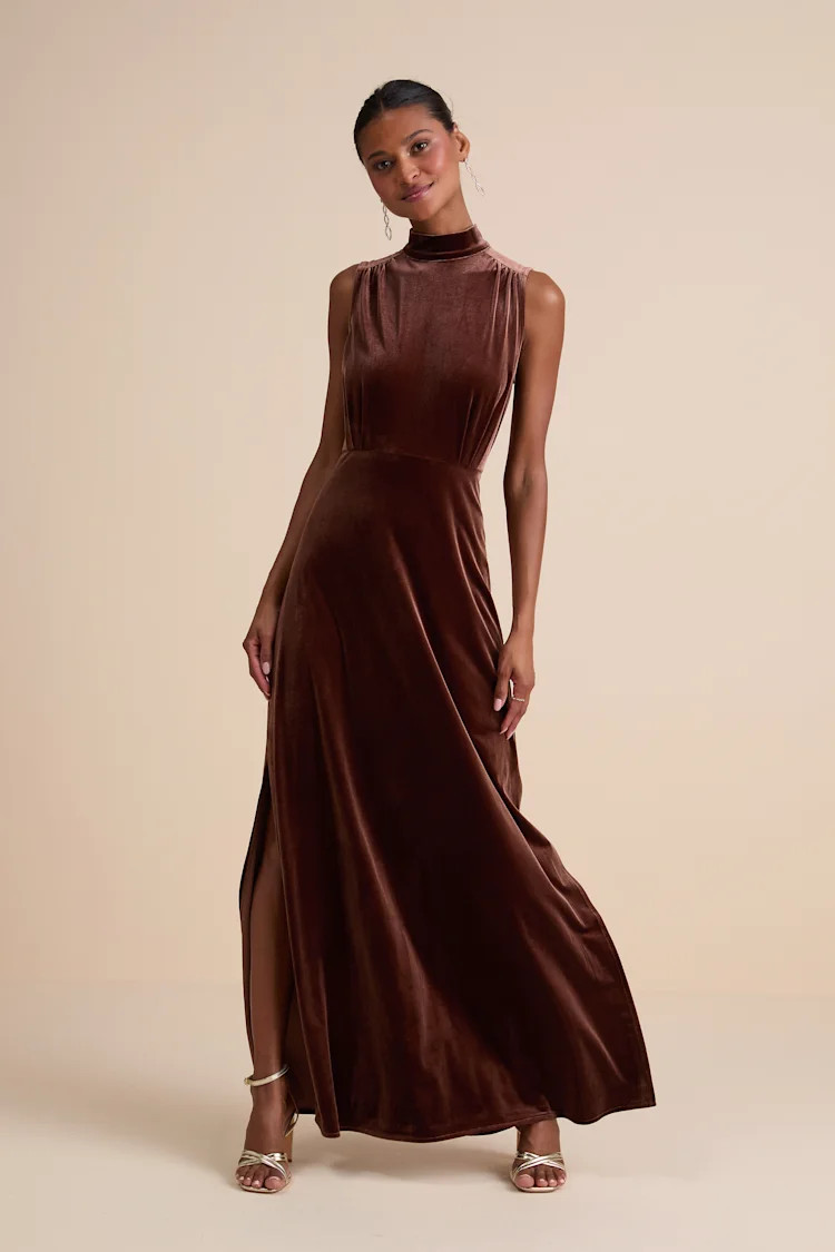 Classic Elegance Brown Velvet Sleeveless Mock Neck Maxi Dress | Lulus