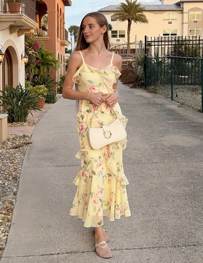 MEROKEETY Summer Floral Wedding Guest Maxi Dress Women 2026 Vacation Formal Bodycon Spaghetti Str... | Amazon (US)