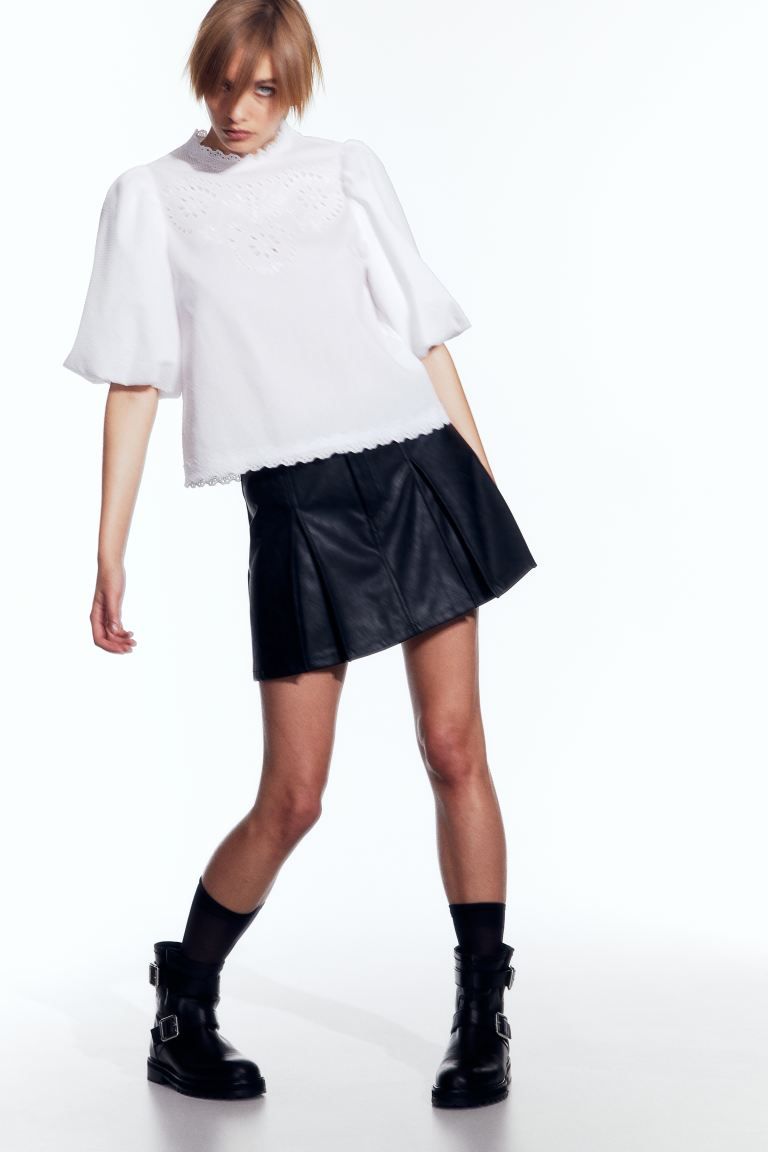 Puff-sleeved Blouse with Eyelet Embroidery - White - Ladies | H&M US | H&M (US + CA)