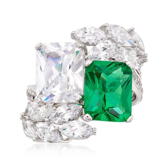 Simulated Emerald and 6.85 ct. t.w. CZ Ring in Sterling Silver. Size 6 | Ross-Simons