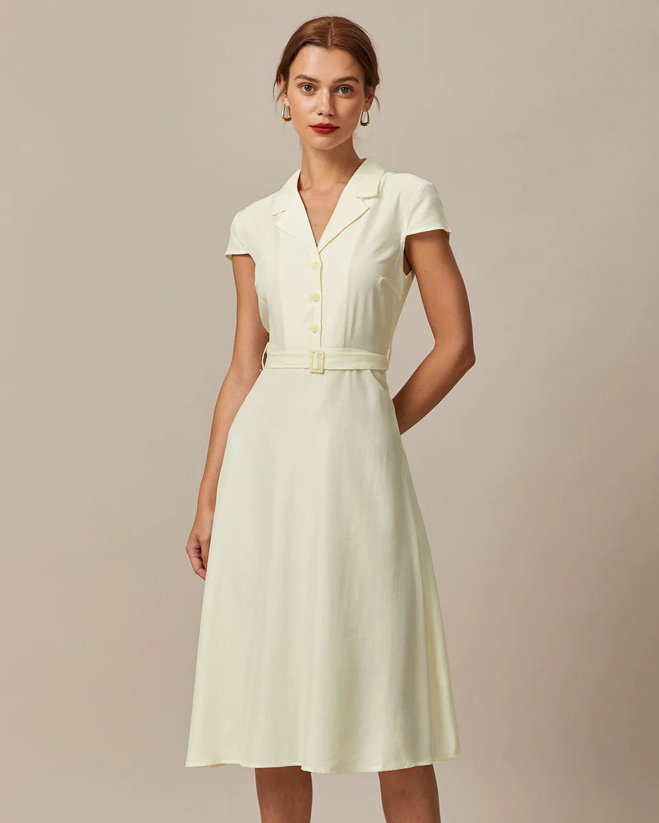 The Beige Lapel Cap Sleeve Shirt Midi Dress - Beige Short Sleeve Button Up A Line Midi Dress - Be... | rihoas.com