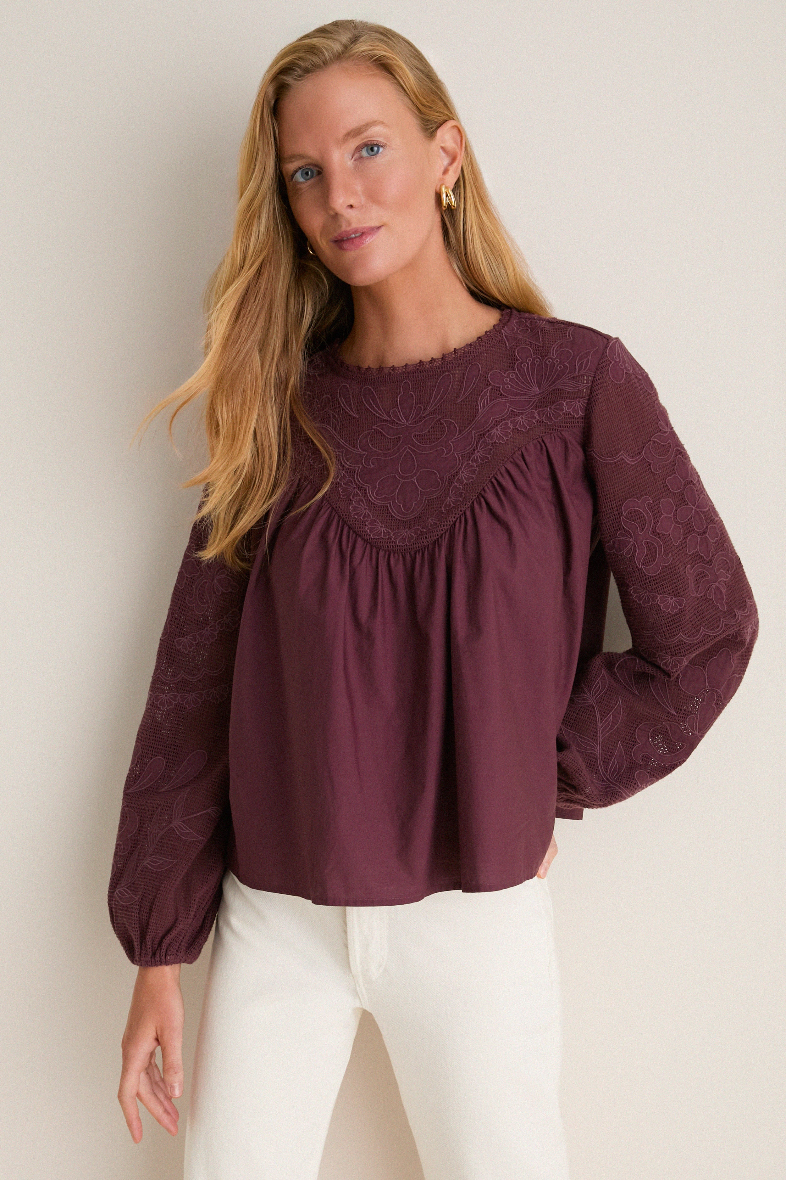 Wine Embroidered Cressida Blouse | Tuckernuck (US)