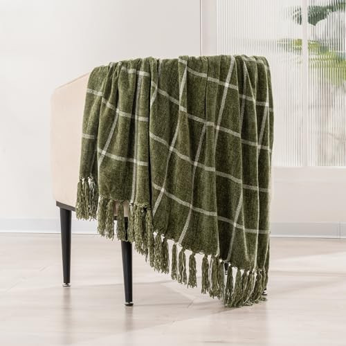 EVERGRACE Plaid Chenille Throw Blanket for Couch, Super Soft Cozy Decorative Windowpane Grid Plaid Throw with Tassels, Lightweight Chenille Knit Throw for Bed Sofa Gift, Moss Green & White 60"x80" | Amazon (CA)