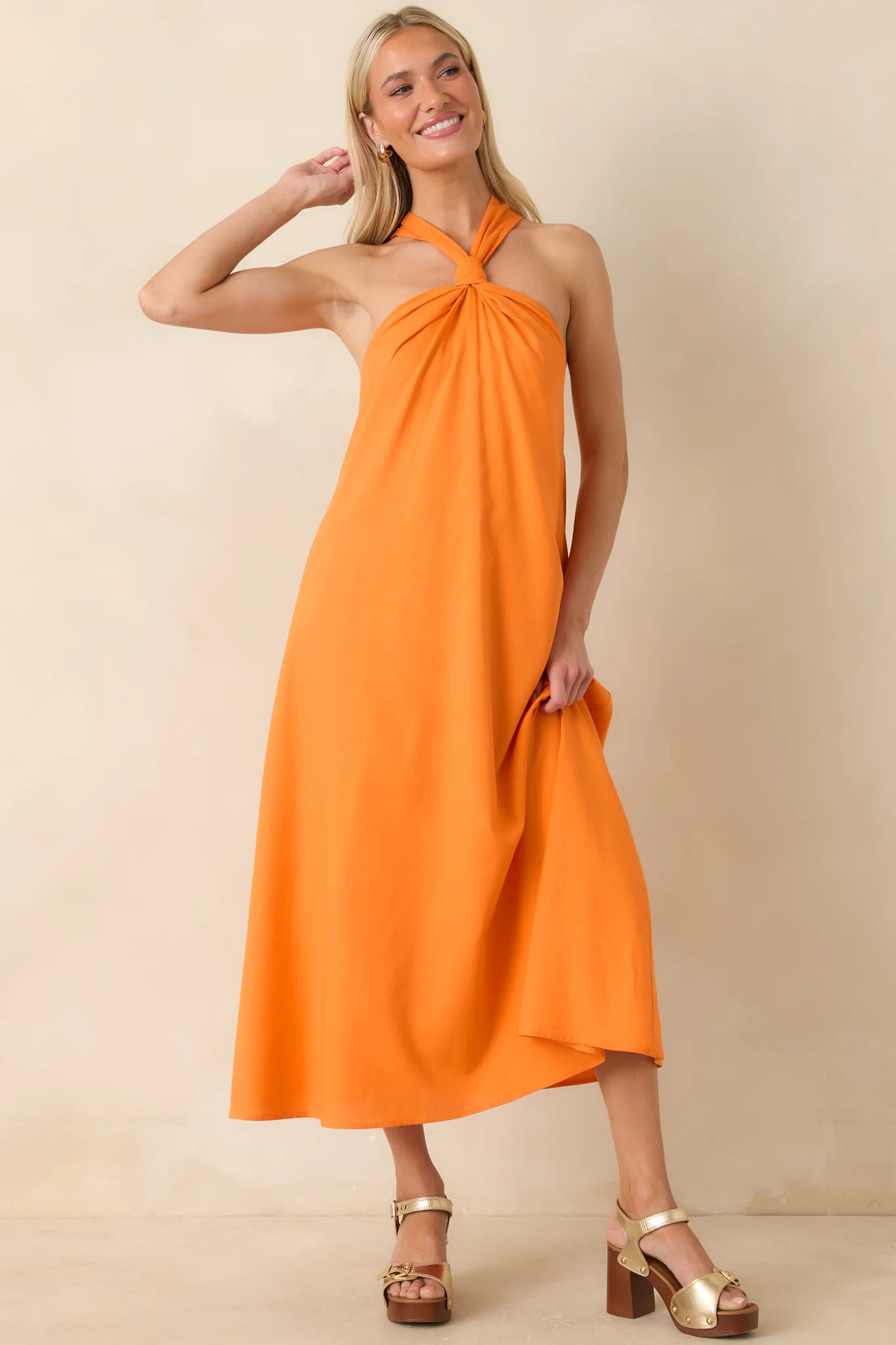 Citrus Kisses Orange Linen Blend Halter Midi Dress | Red Dress