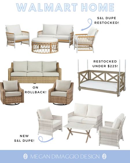 Walmart Home affordable patio sets!! Including TWO Serena & Lily dupe sets that are WAY less expensive and super cute!! 

Plus this best selling Pottery Barn looking sofa, two swivel accent lounge chairs & coffee table set is now on rollback!! It comes with outdoor covers 🙌🏻 AND is available in a darker color too!! And this best selling Ballard Designs DUPE porch swing with cushion is back in stock and UNDER $225!! 🤯🏃🏼‍♀️🏃🏼‍♀️🏃🏼‍♀️

More Walmart patio picks linked! ☀️😎

#LTKSeasonal #LTKsalealert #LTKhome