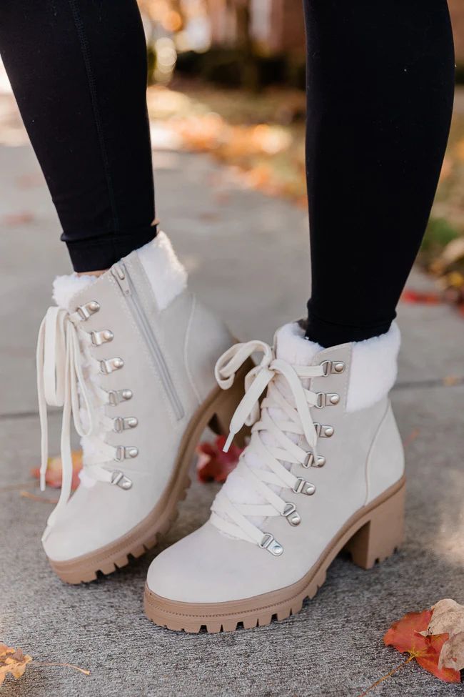 Tami Beige Fleece Lace Up Booties | The Pink Lily Boutique