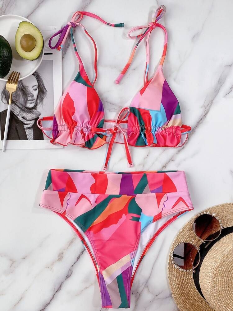 Colorblock Tie Front Bikini Swimsuit | SHEIN