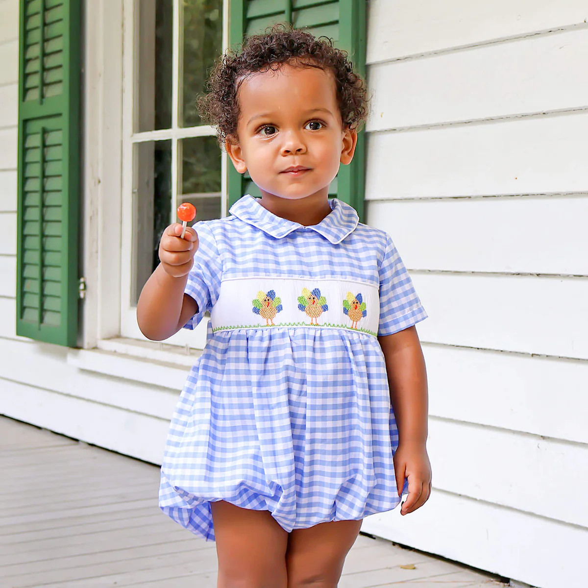 Colorful Turkey Smocked Blue Gingham Collared Bubble | Classic Whimsy
