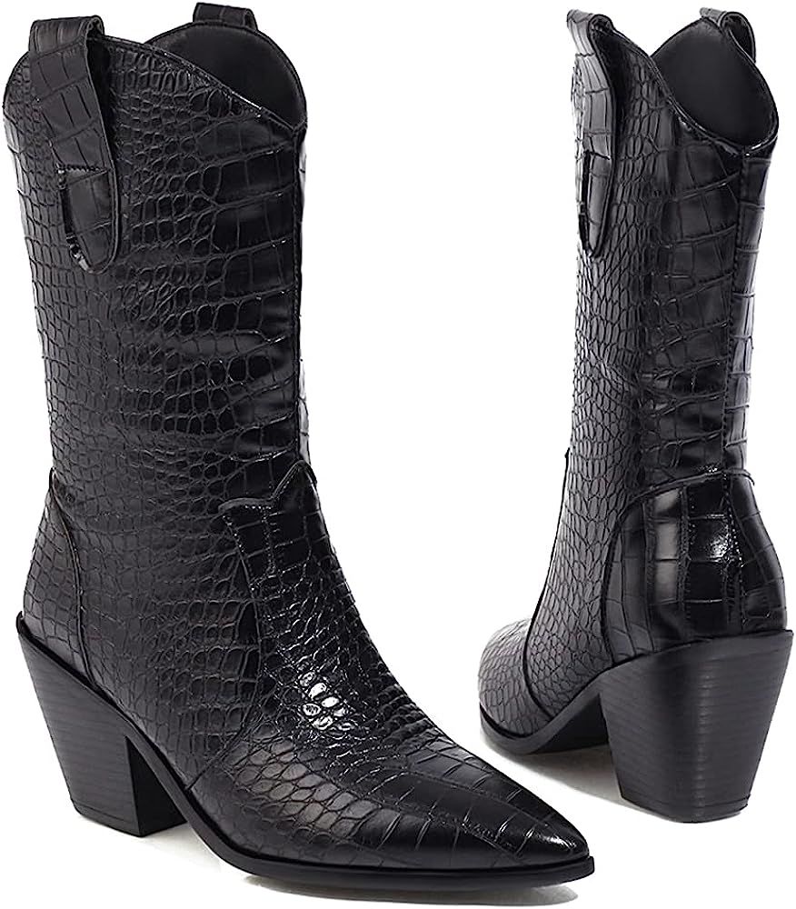 MOOMMO Chunky Stacked Heel Mid Calf Cowboy Boots for Women Pointed Toe Pull On V Cut Crocodile Bo... | Amazon (US)