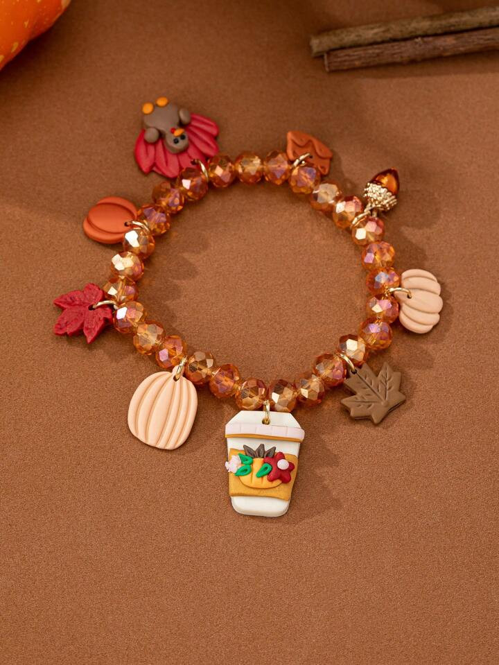 1pc Handmade Random Shape & Color Clay Charm Turkey Coffee Cup Glass Beads Bracelet, Autumn Thank... | SHEIN