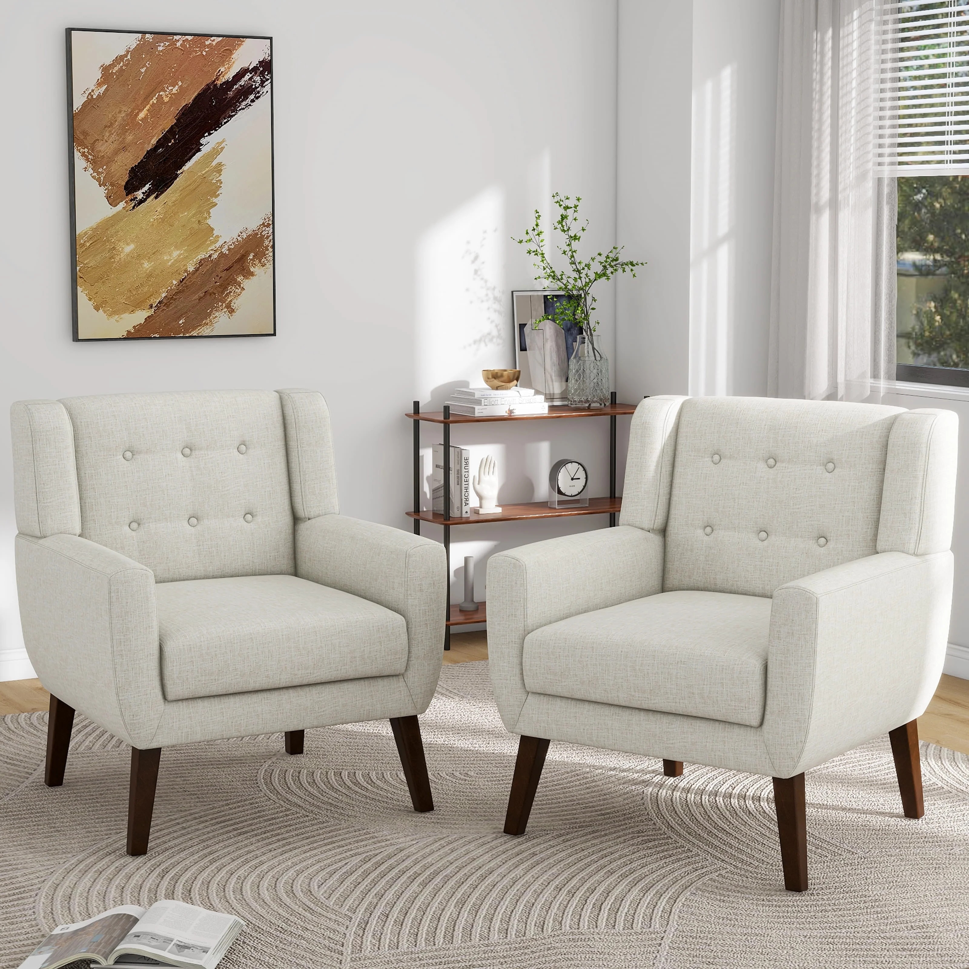 UIXE Beige Accent Chair Set of 2, Linen Upholstered Armchair, Midcentury Modern Chair for Living ... | Walmart (US)
