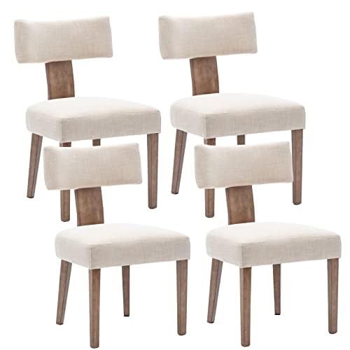 Mid Century Modern Dining Chairs Set of 4, Farmhouse Linen Fabric Upholstered Accent Chair Curved Backrest Kitchen Chairs, with Hardwood Frame, Beige | Amazon (US)