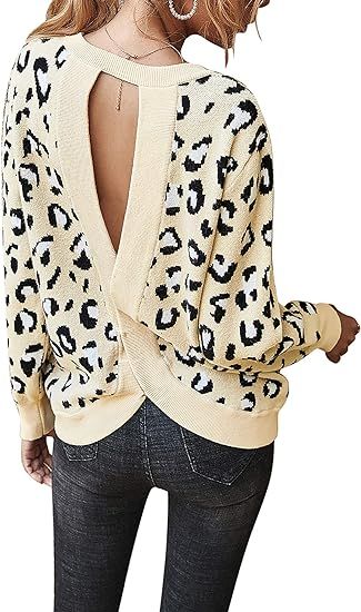 Chigant Women's Leopard Sweater Sexy Wrap Backless Ribbed Knit Round Neck Loose Fit Warm Pullover... | Amazon (US)