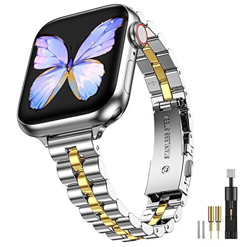 MioHHR Slim Metal Band Compatible with Apple Watch Band 49mm 46mm(Series 10) 45mm 44mm 42mm,Dressy Stainless Steel Chain Strap for Women iWatch Bands Ultra 2 1 Series 9 8 7 6 5 4 3 2 1 SE,Silver/Gold | Amazon (US)