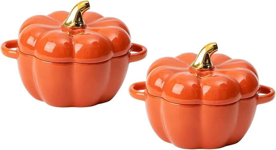 Pumpkin Bowl Set with Lid and Handle, Set of 2 Ceramic Ramekins for Baking, Casserole Dish Indivi... | Amazon (US)