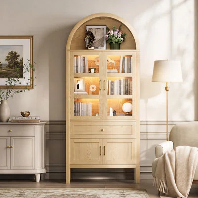 71'' Tall Full Wood Arched Storage Cabinet Adjustable Shelves Bookcase With LED Lights | Wayfair North America